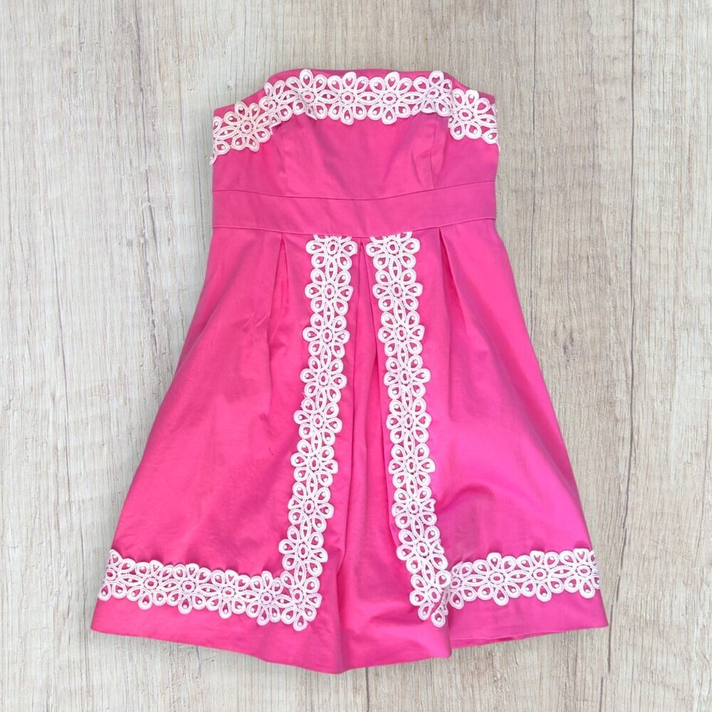 Lilly Pulitzer Betsey Strapless Dress Hibiscus Pink White Lace Trim Size 2